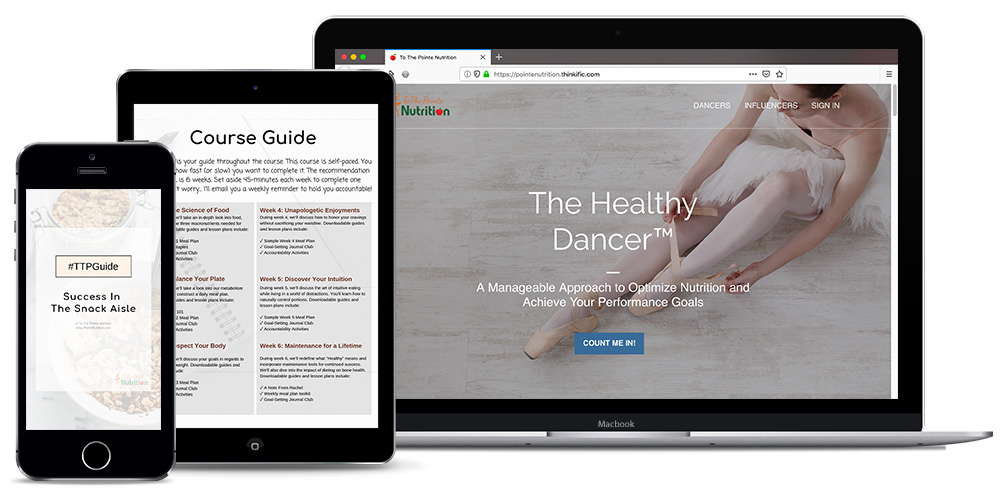 iPhone, iPad and laptop computer with The Healthy Dancer Course on screen.