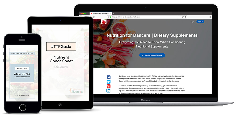 iPhone, iPad and laptop computer with Nutrition for Dancers - Free Course on screen.