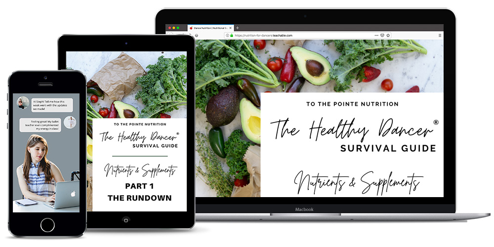iPhone, iPad and laptop computer with Nutrition for Dancers - Free Course on screen.